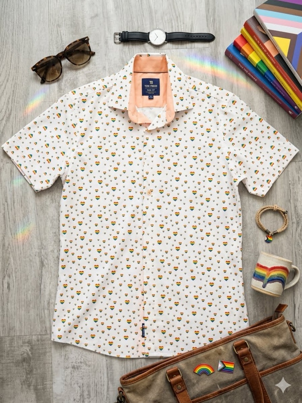 Tom Blaine pride White Short-Sleeve Button-Down Shirt with Rainbow Heart Print